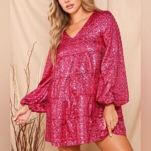 How Very Loved Mini Dress Womens S Fuschia Pink Sequin Long Sleeve Birthday